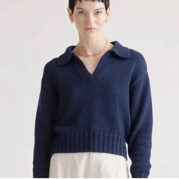 Quince 100% Organic Cotton Navy Blue Polo Sweater - Picture 1 of 6